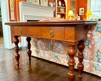 $500; Milling Road Collection by Baker console table with two drawers and ball carved legs; 56x18x32