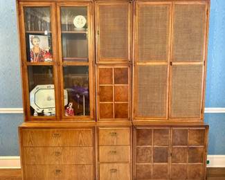 SOLD—7-piece, mid-century modern, mixed-media china cabinet with glass, wicker, burl wood and oak drawers and doors; in excellent condition; 81x18x81