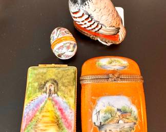 SOLD—Halcyon Days enamel trinket small egg box with avian and botanical design; 1.5”h (top left). $90; Limoges partridge box; 2.5”h (top right). $100; Limoges trinket box with garden walkway; 1.5x2.5 (bottom left). $100; Limoges trinket box with stone bridge; 2x3 (bottom right).