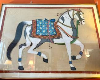 SOLD original, hand-painted chinoiserie horse on fabric, floated in gold frame; 51.5x37.