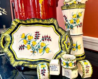 $280; set of 14 hand painted HenRiot Quimper ceramic items including tray, vase and 12 napkin rings with botanical accents