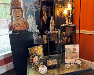 $300; replica Quanyin wooden bust; 15x8x26 (top left). $50; black plant/art stand; 16x16x36 (bottom left). $250; Chinoiserie four panel screen; 64x73 (back right). $150; vintage two arm goose neck lily pad lamp; 8x17 (top right). Shop the sale in person for Chinoiserie decor items.