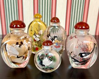 $28-$68; Chinoiserie snuff bottles with interior intricate hand paintings; 2-4”h.