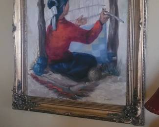 Large painting of Native American  weaver signed SLOVACEK