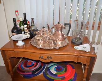 French Provincial Buffet server bar cart, Silver plate coffee/ tea set