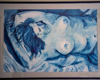 Watercolor and Pencil Blue Nude, Unidentified Artist