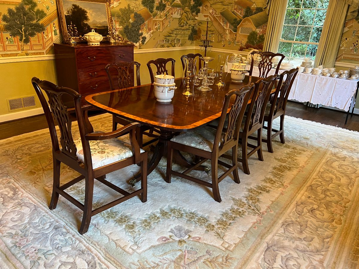 Banquet size dining table, 2 leaves pictured separately, Chippendale dining chairs