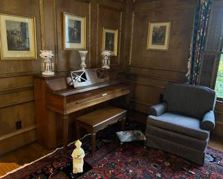 Baldwin piano, Victorian lusters, artwork, club chair 