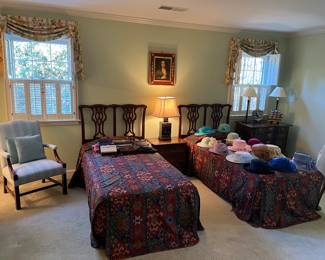 Pair of Chippendale twin beds, arm chair, side table, small chest, artwork, lamps 