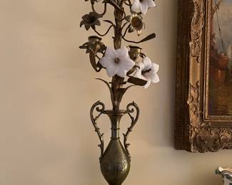 1/2 - Pair of antique religious candelabras (IHS inscribed) with porcelain flowers