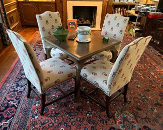Parquet top game table, upholstered chairs