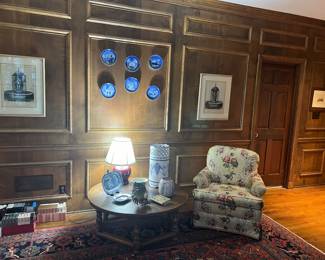 Club chair, coffee table, music blue and white, artwork 