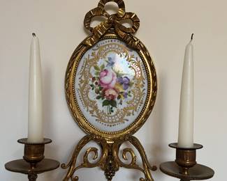 2/2 - Pair of bronze and porcelain sconces