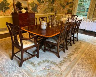 Banquet size dining table, 2 leaves pictured separately, Chippendale dining chairs
