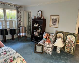 Bookcase, lamps, arm chair, much misc