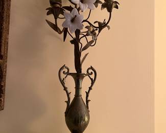 2/2 - Pair of antique religious candelabras (IHS inscribed) with porcelain flowers