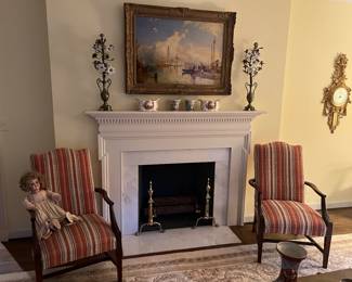 Pair of chairs, oil painting, Herend, pair of antique religious candelabras (IHS inscribed) with porcelain flowers, andirons