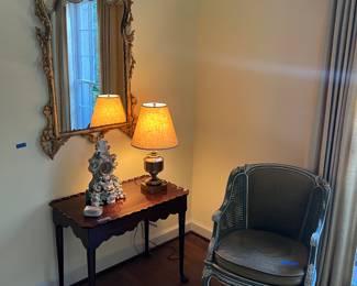 Occasional table and chair, mirror, lamp, clock