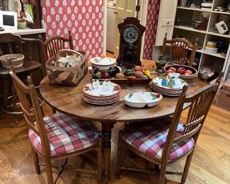 Antique pine drop leaf table, Franciscan Apple, mantle clock, kitchen chairs 