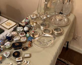 Sterling, Tiffany sterling decanter set with Hawkes glass bottles 