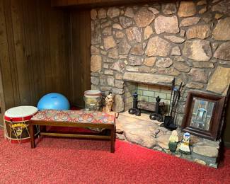 Upholstered bench (pair), andirons