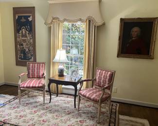 Occasional table, pair of arm chairs, lamp, oil painting 