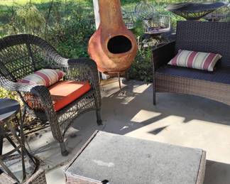 Rear Porch patio furniture and fire pot