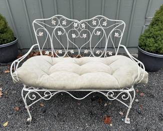 Wrought iron ivy bench with custom cushion