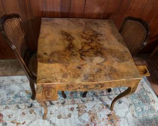 Antique Wooden Card Table W/ Drawer & Pull Out Coaster Drink Trays