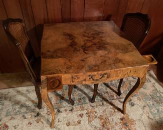 Antique Wooden Card Table W/ Drawer & Pull Out Coaster Drink Trays