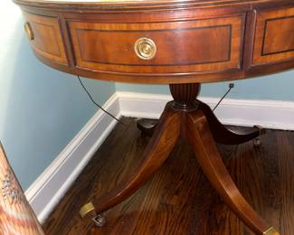 Antique Wooden Round Table W/ Brass Handles & Claw Feet