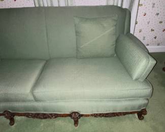 Antique Green Upholstered Sofa W/ Wooden Legs