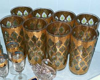 Vintage Culver Valencia Green & Gold Glasses