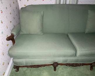 Antique Green Upholstered Sofa W/ Wooden Legs