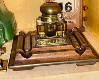 Antique Glass & Wooden Ink Well
