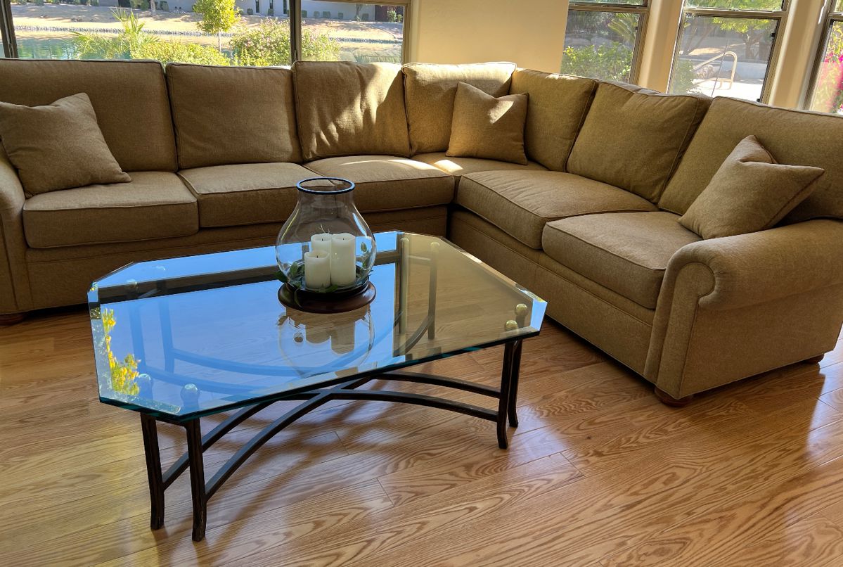 Stickley Sectional, Iron Based Coffee Table w Glass Top (as is)