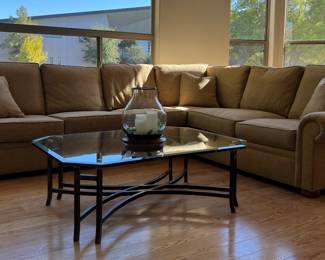 Stickley Sectional, Iron Based Coffee Table w Glass Top (as is) 