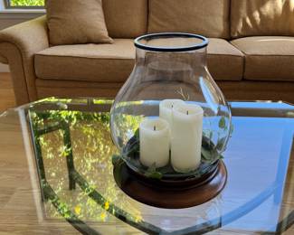 Stickley Sectional, Iron Based Coffee Table w Glass Top (as is), Candle Display