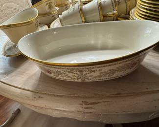 Lenox Castle Garden Pattern 66 Pieces, 10 Cups and Saucers, 10 Dinner plates, 10 Salad Plates,9 Bread Plates, 6 dessert plates, 6 double handle soup bowls, 1Meat serving platter, 1 vegetable bowl, creamer and sugar and 1 gravy BUY IT NOW $180