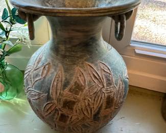 Mexican Pottery vase with handles and carvings