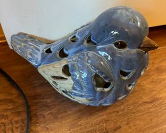 Ceramic Blue Bird Tea Light holder Filagree Cutouts Decor