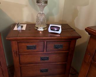 Mission Style Furniture, Prices on FB Marketplace for presale 1 Nightstand, 1 Blanket chest/trunk/1 highboy dresser, 1 vanity dresser with mirror, 1 Jewelry Armoire Nightstand 30"l x 30"h x 17"d BUY THE SET $600