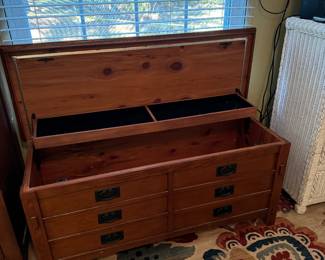 Mission Style Furniture, Prices on FB Marketplace for presale 1 Nightstand, 1 Blanket chest/trunk/1 highboy dresser, 1 vanity dresser with mirror, 1 Jewelry Armoire BUY THE SET $600