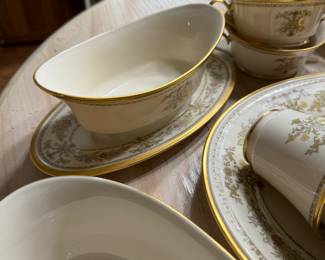 Lenox Castle Garden Pattern 66 Pieces, 10 Cups and Saucers, 10 Dinner plates, 10 Salad Plates,9 Bread Plates, 6 dessert plates, 6 double handle soup bowls, 1Meat serving platter, 1 vegetable bowl, creamer and sugar and 1 gravy BUY IT NOW $180