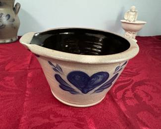 Rowe Pottery works Mixing bowl/spout-Salt glazed with Blue Heart