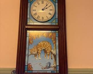 Danbury Mint Kitten up a tree stained glass wood wall clock with interchangeable plates