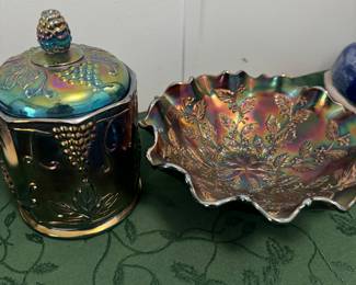 Vintage Indiana glass Harvest Grape Blue Cannister Biscuit Jar with Lid and serving bowl