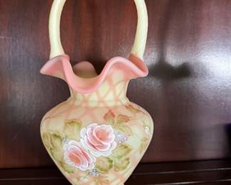 Fenton Burmese Floral Stylized vase Signed 3 times