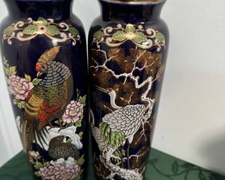 Mid Century Vintage Japanese Blue/black with gold accents & Red Crested Cranes porcelain vases by ArtMark Japan BUY THEM NOW $16