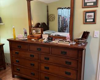 Mission Style Furniture, Prices on FB Marketplace for presale 1 Nightstand, 1 Blanket chest/trunk/1 highboy dresser, 1 vanity dresser with mirror, 1 Jewelry Armoire Vanity Dresser 66"w x 38"h x 18"d Mirror 43"w x 45"d BUY THE SET $600